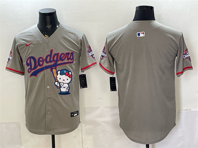 Men's Grey Los Angeles Dodgers Blank Hello Kitty Night 2025 World Series Champions Patch Stitched Baseball Jersey